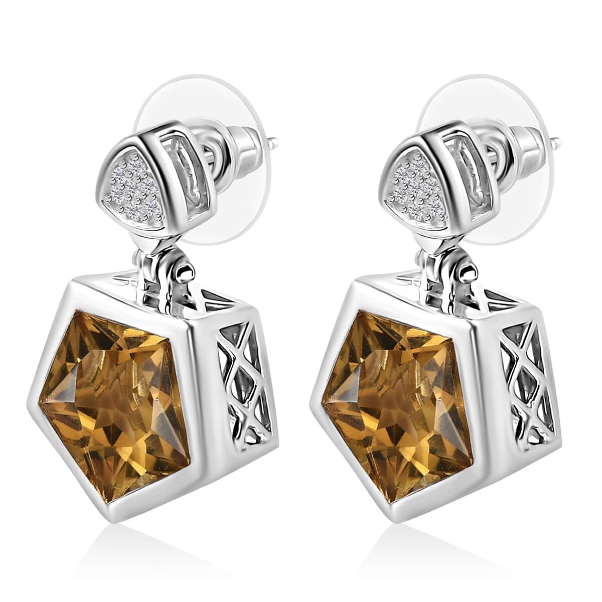 Pentastar Cut Brazilian Citrine and White Zircon Earrings in Platinum Over Sterling Silver 12.20 ctw image number 3