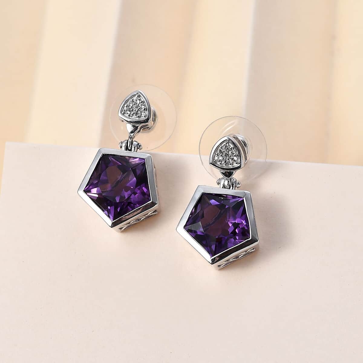 Pentastar Cut African Amethyst and White Zircon Earrings in Platinum Over Sterling Silver 11.40 ctw image number 1