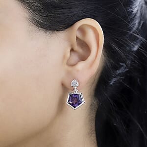 D'Joy Pentastar Cut African Amethyst and White Zircon 11.40 ctw Earrings in Platinum Over Sterling Silver