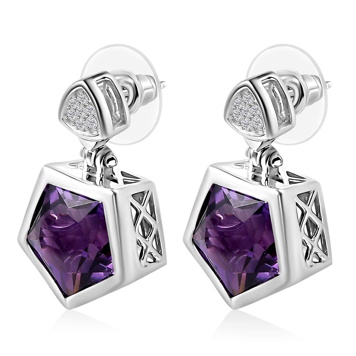 Pentastar Cut African Amethyst and White Zircon Earrings in Platinum Over Sterling Silver 11.40 ctw image number 3