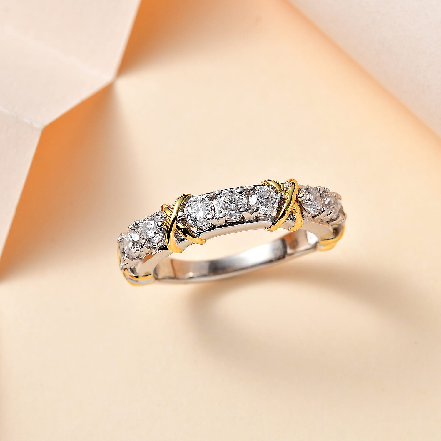 Moissanite XOXO Band Ring in Vermeil YG and Platinum Over Sterling Silver (Size 10.0) 1.00 ctw