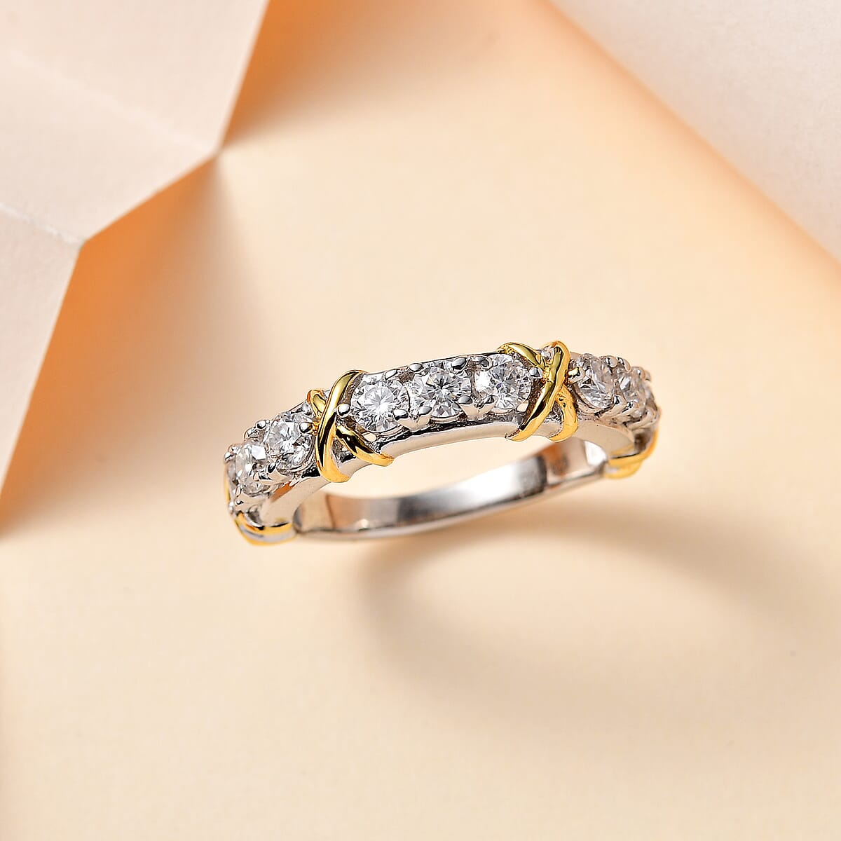 Moissanite XOXO Band Ring in Vermeil YG and Platinum Over Sterling Silver (Size 10.0) 1.00 ctw image number 1