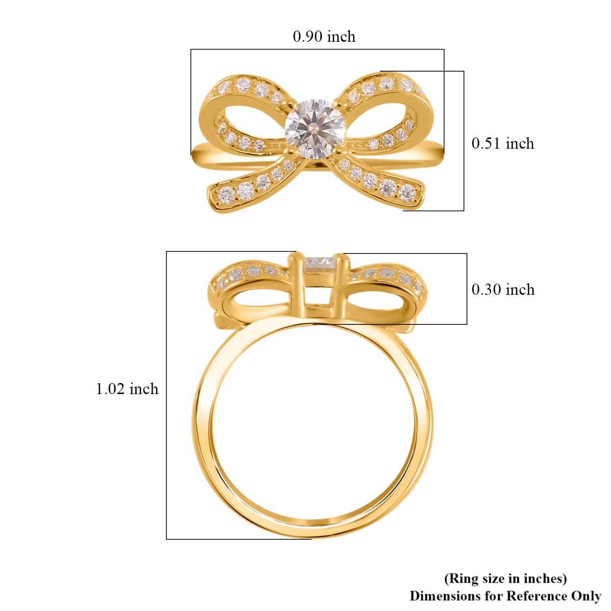 White Moissanite (Rnd 5mm) Bow Ring in Vermeil YG Over Sterling Silver (Size 10.0) 0.75 ctw image number 5