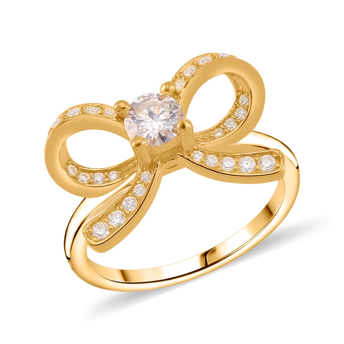 White Moissanite Bow Ring in Vermeil Yellow Gold Over Sterling Silver (Size 6.0) 0.75 ctw image number 0