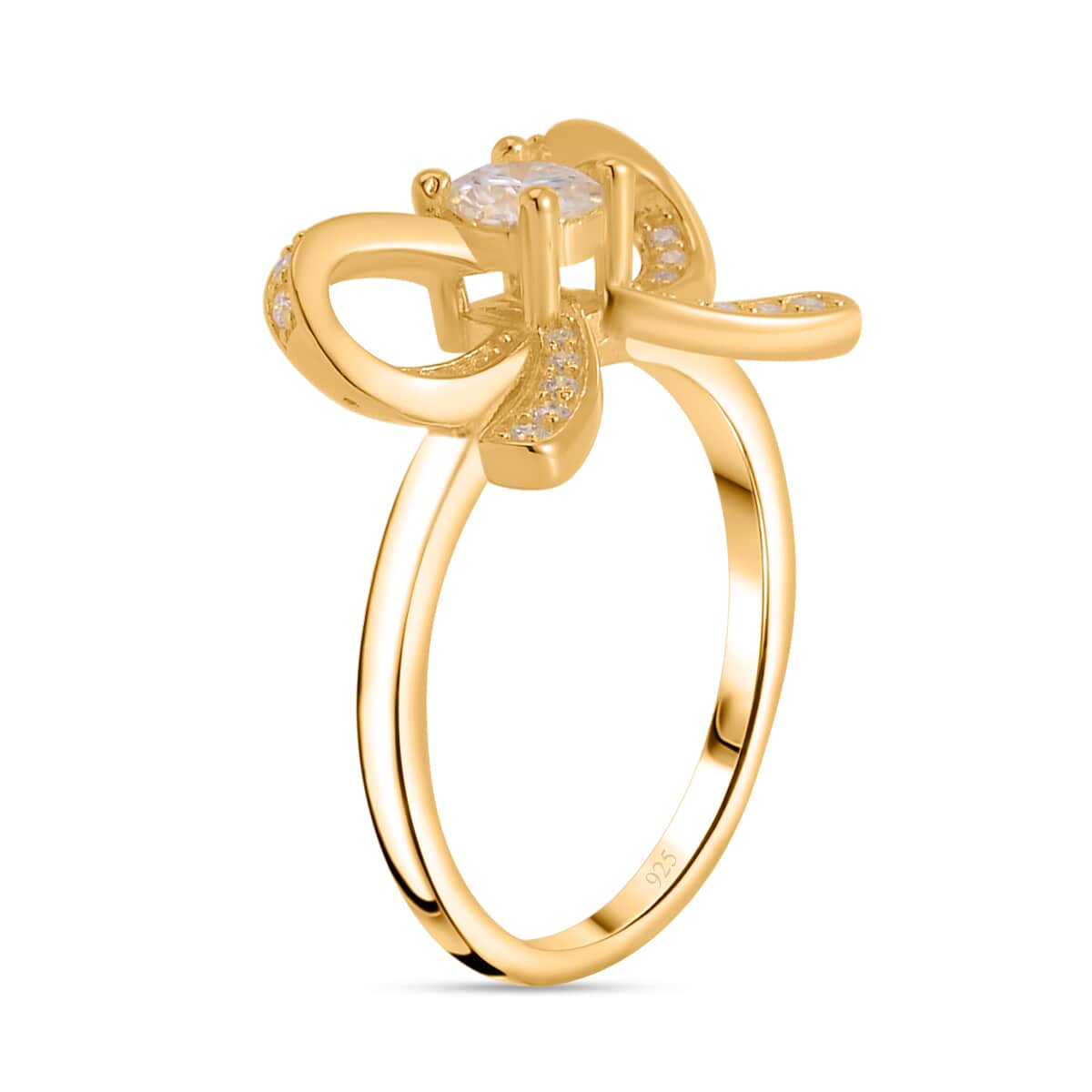 White Moissanite Bow Ring in Vermeil Yellow Gold Over Sterling Silver (Size 6.0) 0.75 ctw image number 3