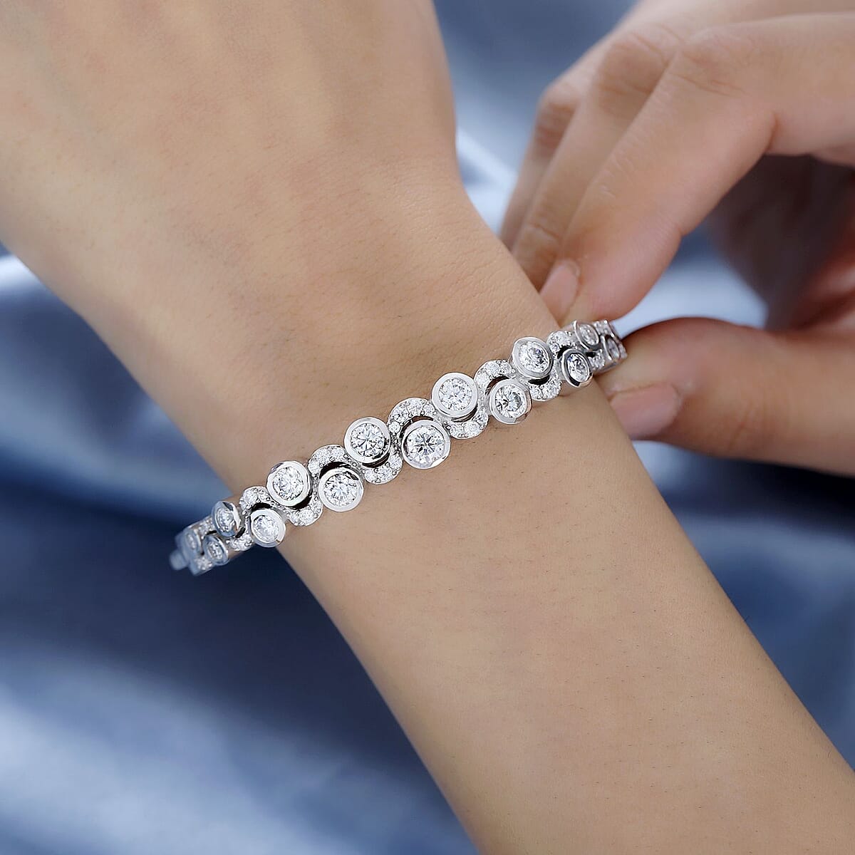 Moissanite 4.40 ctw Celestial Sun & Moon Bangle Bracelet in Platinum Over Sterling Silver (8.00 In) image number 2