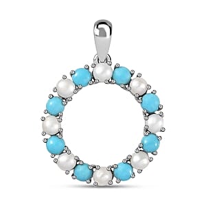 Sleeping Beauty Turquoise and Freshwater Pearl 1.60 ctw Pendant in Rhodium Over Sterling Silver