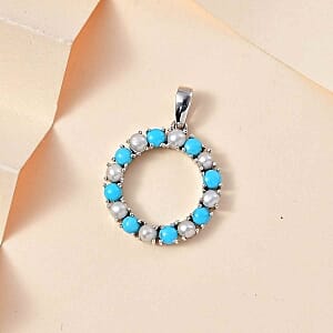 Sleeping Beauty Turquoise and Freshwater Pearl 1.60 ctw Pendant in Rhodium Over Sterling Silver
