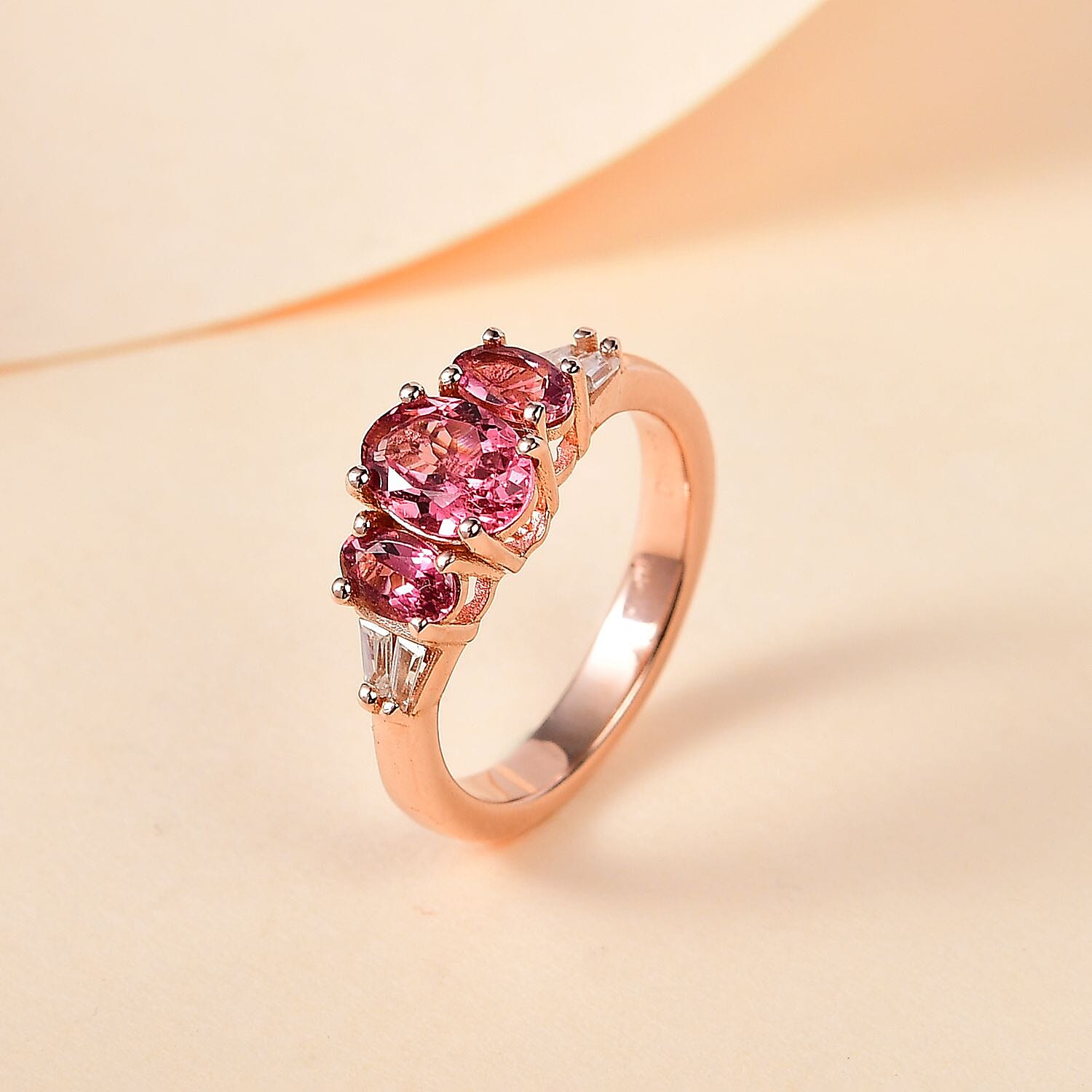 Morro Redondo Pink Tourmaline and White Zircon Ring in Vermeil Rose Gold Over Sterling Silver (Size 10.0) 1.60 ctw
