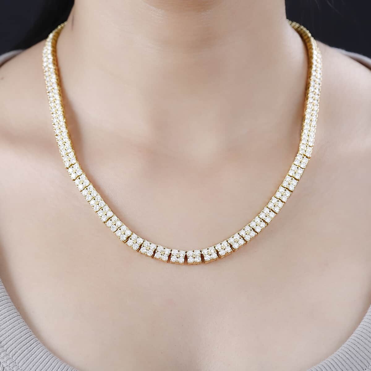 Moissanite 26.25 ctw 2 Row Tennis Necklace in Vermeil Yellow Gold Over Sterling Silver 18 Inches image number 2