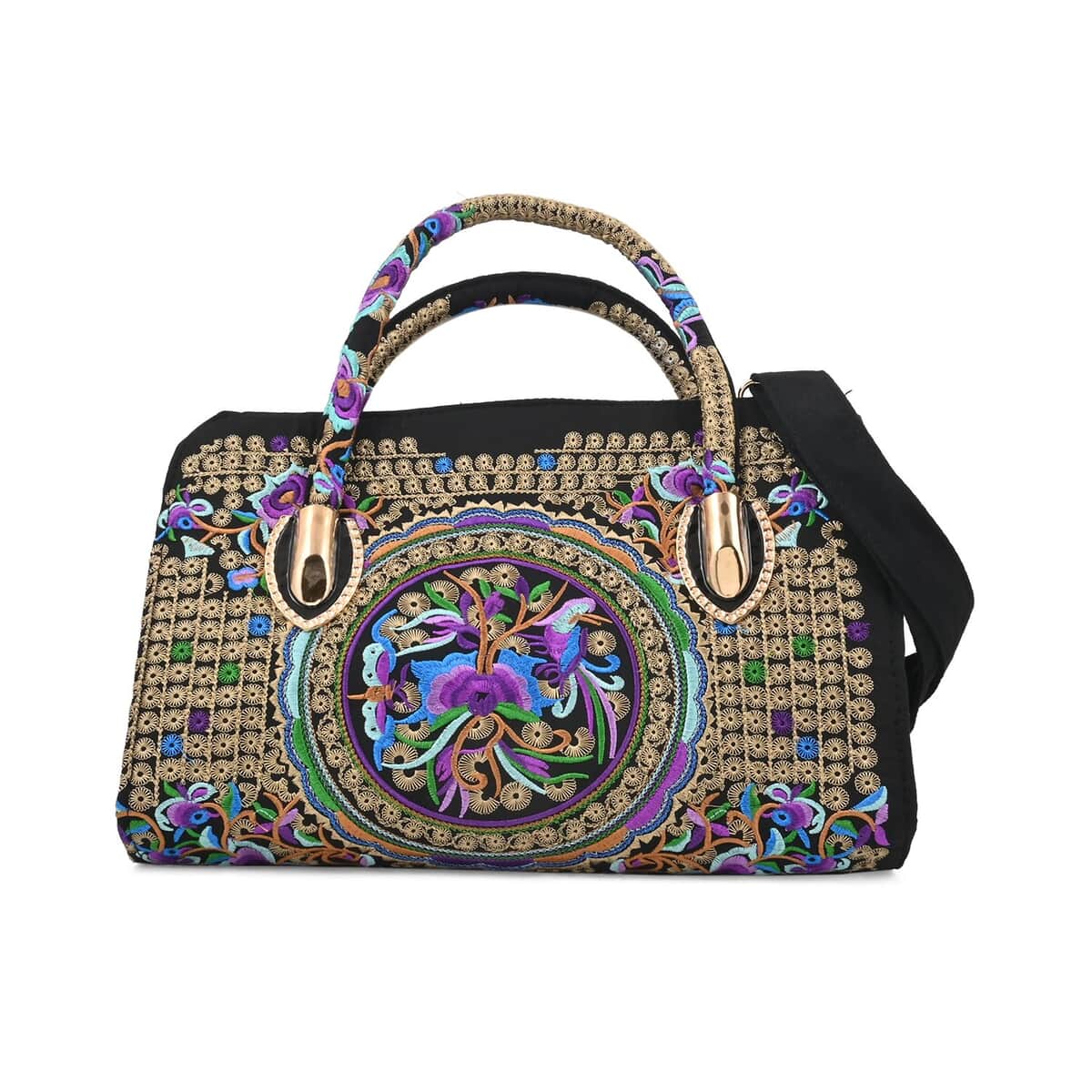Purple & Gold Calla Lily Embroidered Handbag with Shoulder Strap image number 0