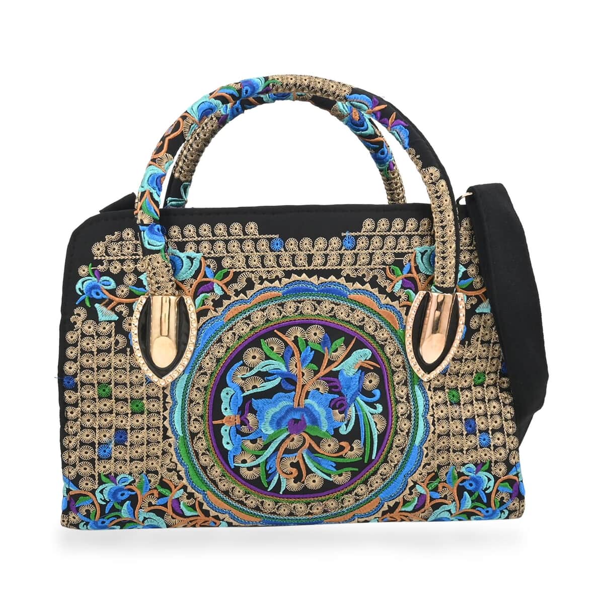 Blue & Gold Calla Lily Embroidered Handbag with Shoulder Strap image number 0