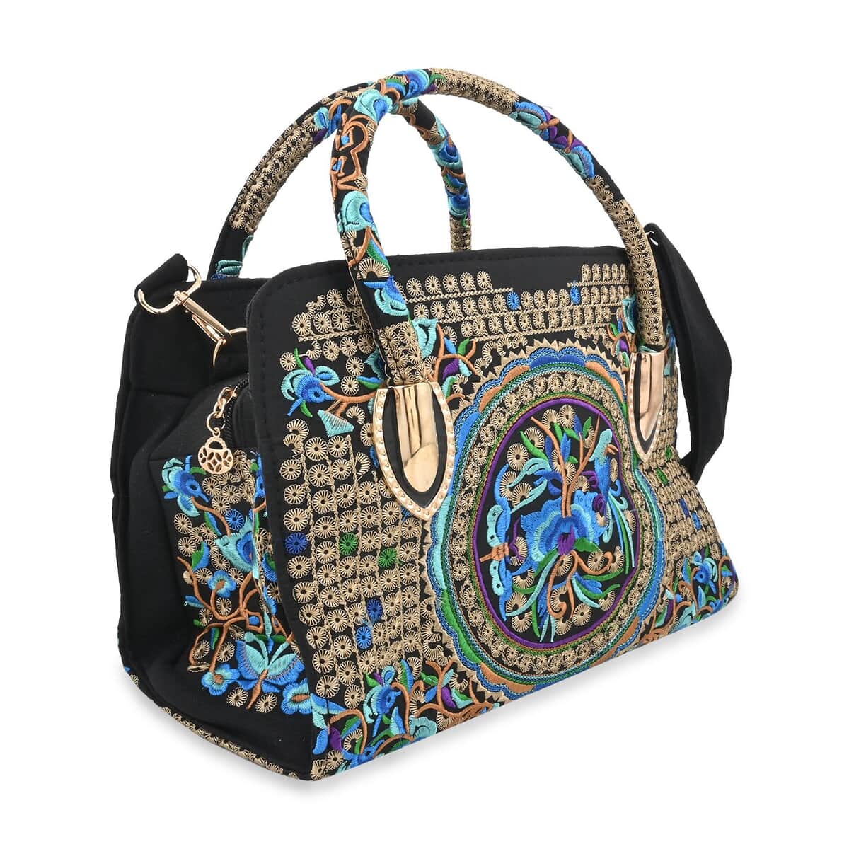 Blue & Gold Calla Lily Embroidered Handbag with Shoulder Strap image number 1