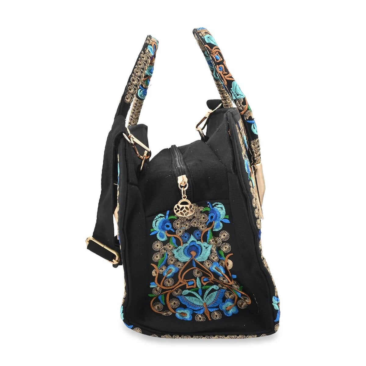 Blue & Gold Calla Lily Embroidered Handbag with Shoulder Strap image number 2