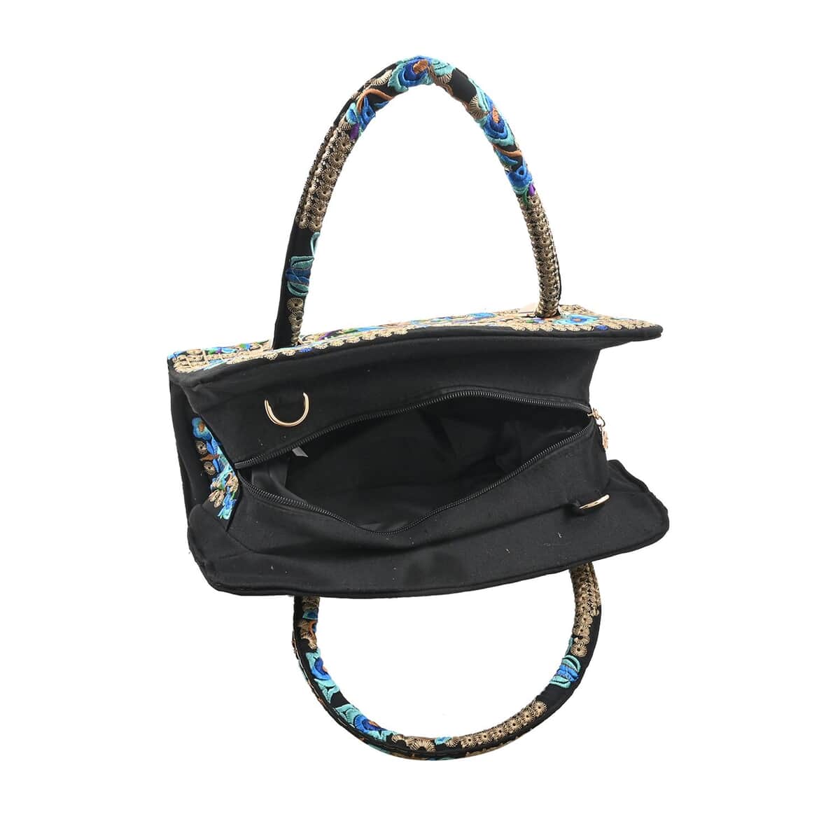 Blue & Gold Calla Lily Embroidered Handbag with Shoulder Strap image number 4