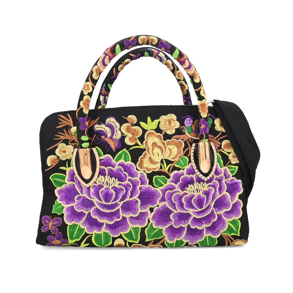 Purple Lotus Flower Embroidered Handbag with Shoulder Strap image number 0