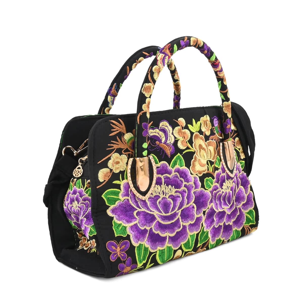 Purple Lotus Flower Embroidered Handbag with Shoulder Strap image number 1