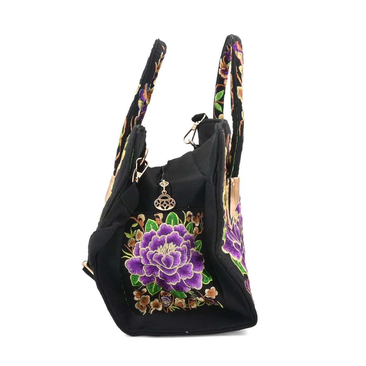 Purple Lotus Flower Embroidered Handbag with Shoulder Strap image number 2