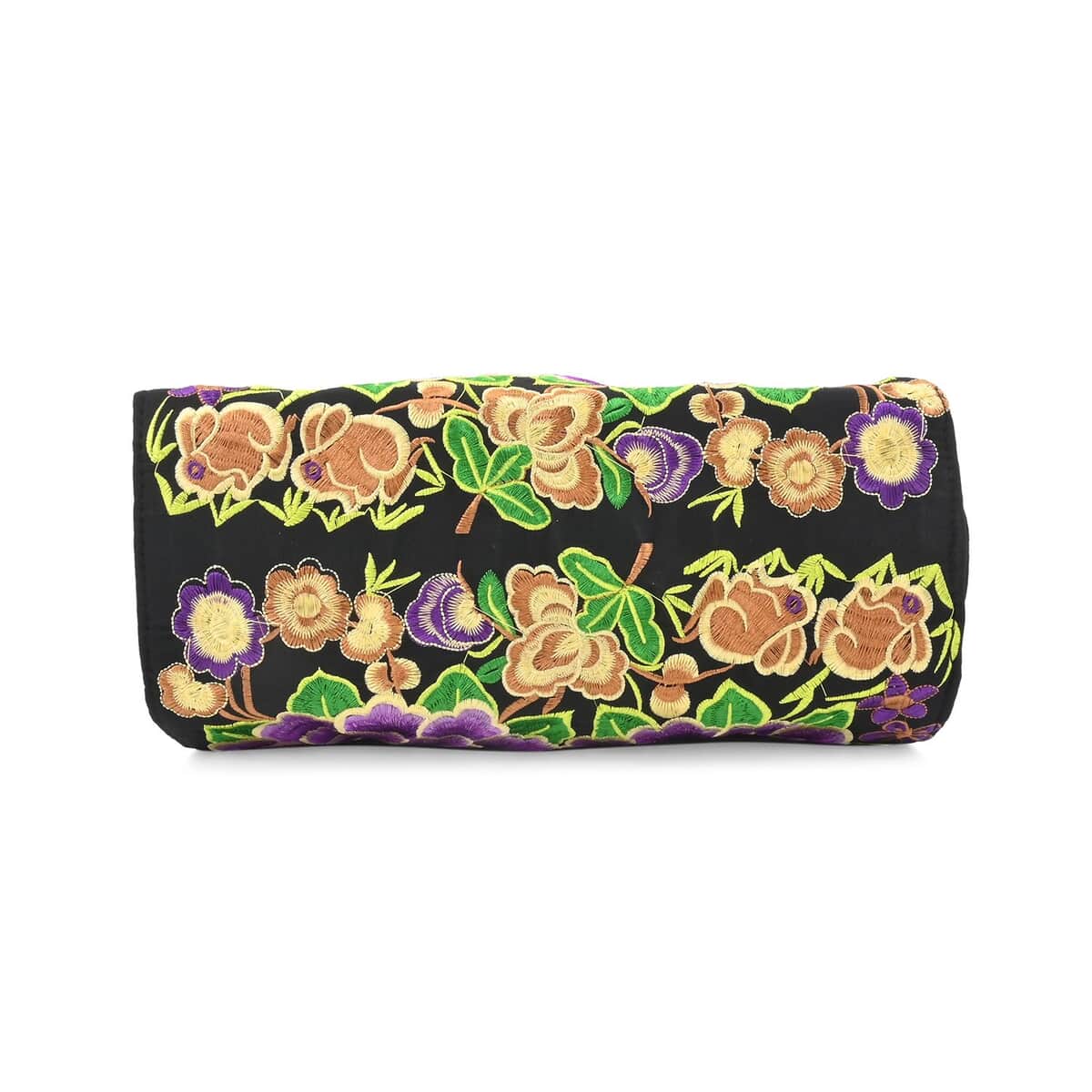 Purple Lotus Flower Embroidered Handbag with Shoulder Strap image number 3