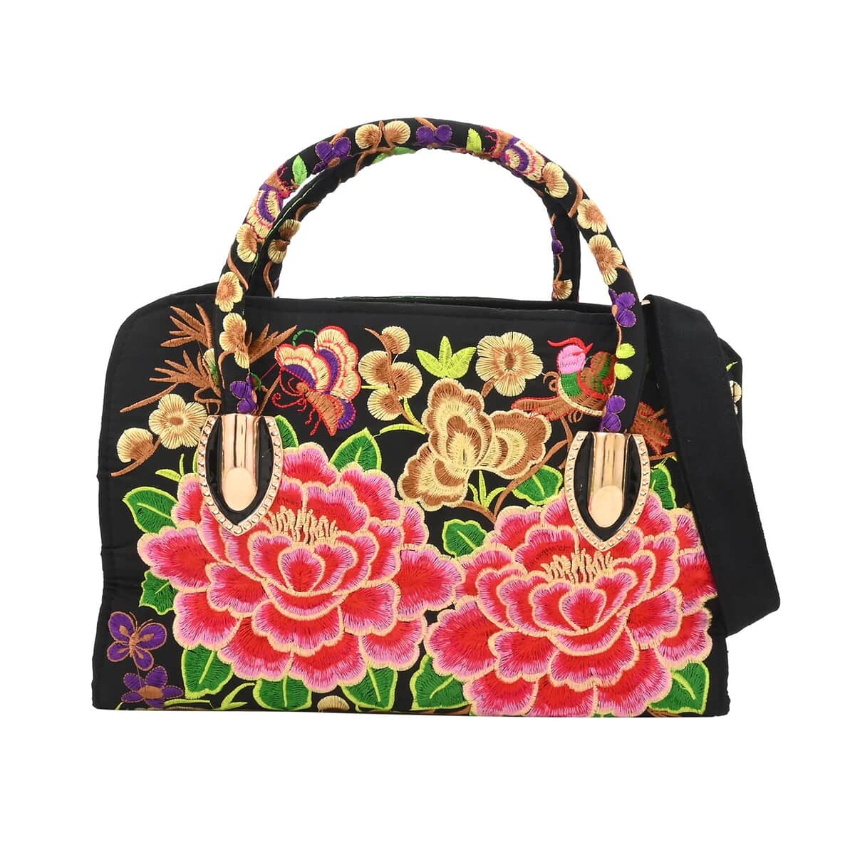 Pink Lotus Flower Embroidered Handbag with Shoulder Strap image number 0