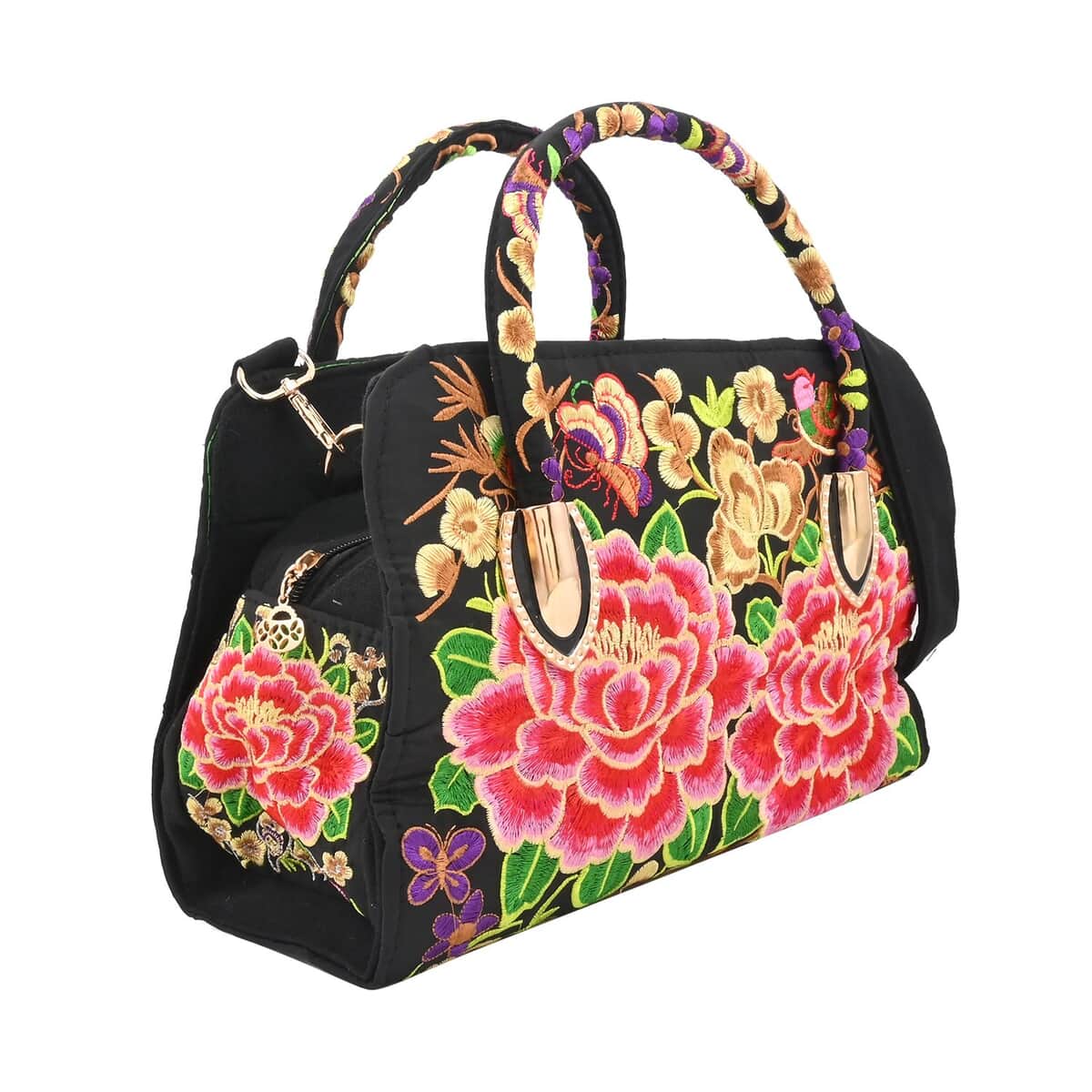 Pink Lotus Flower Embroidered Handbag with Shoulder Strap image number 1