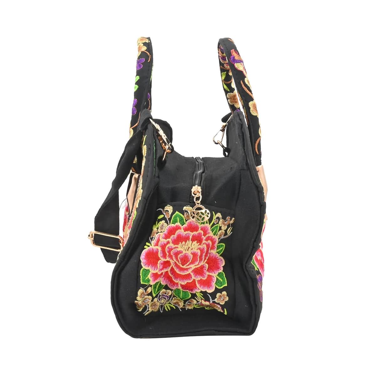 Pink Lotus Flower Embroidered Handbag with Shoulder Strap image number 2