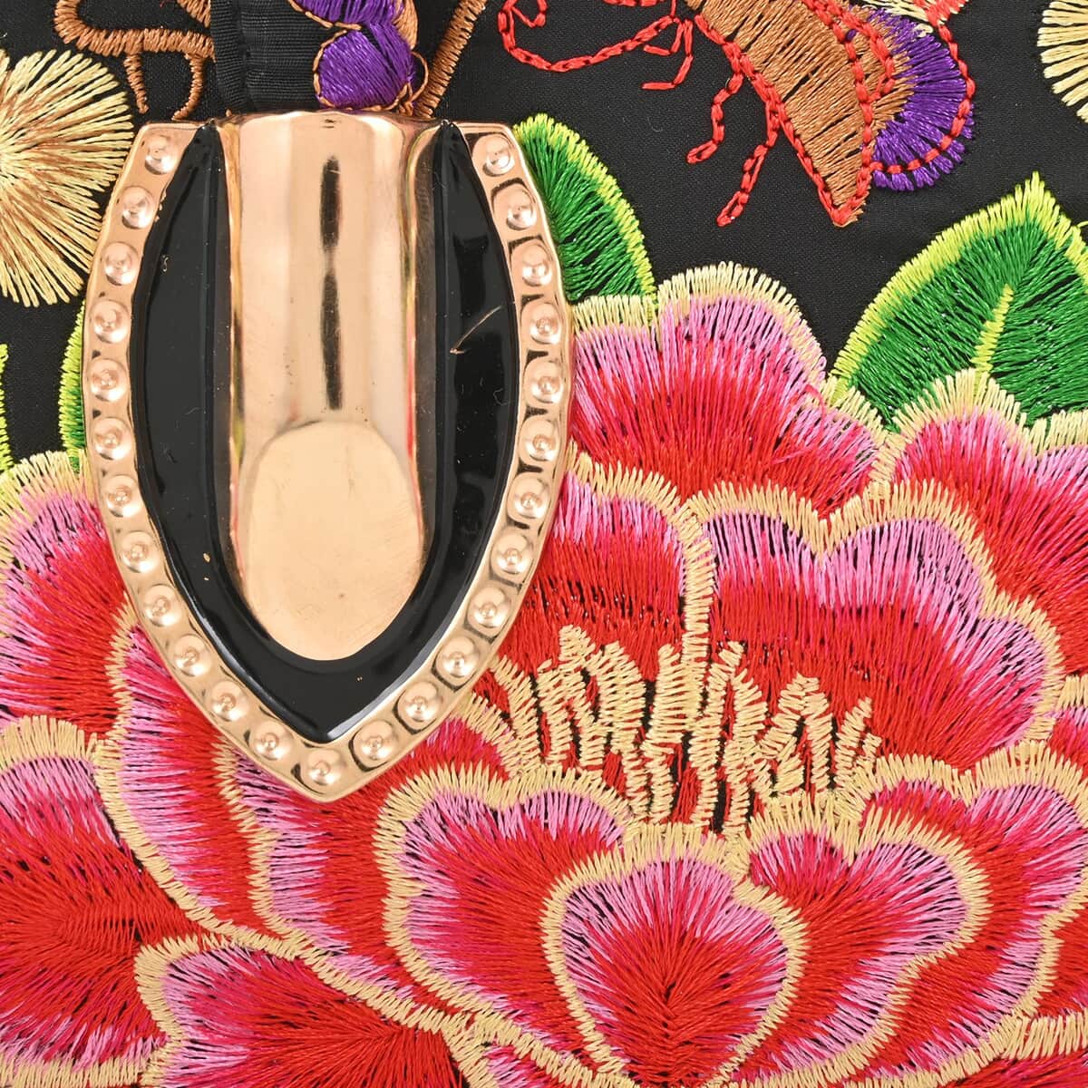 Pink Lotus Flower Embroidered Handbag with Shoulder Strap image number 5