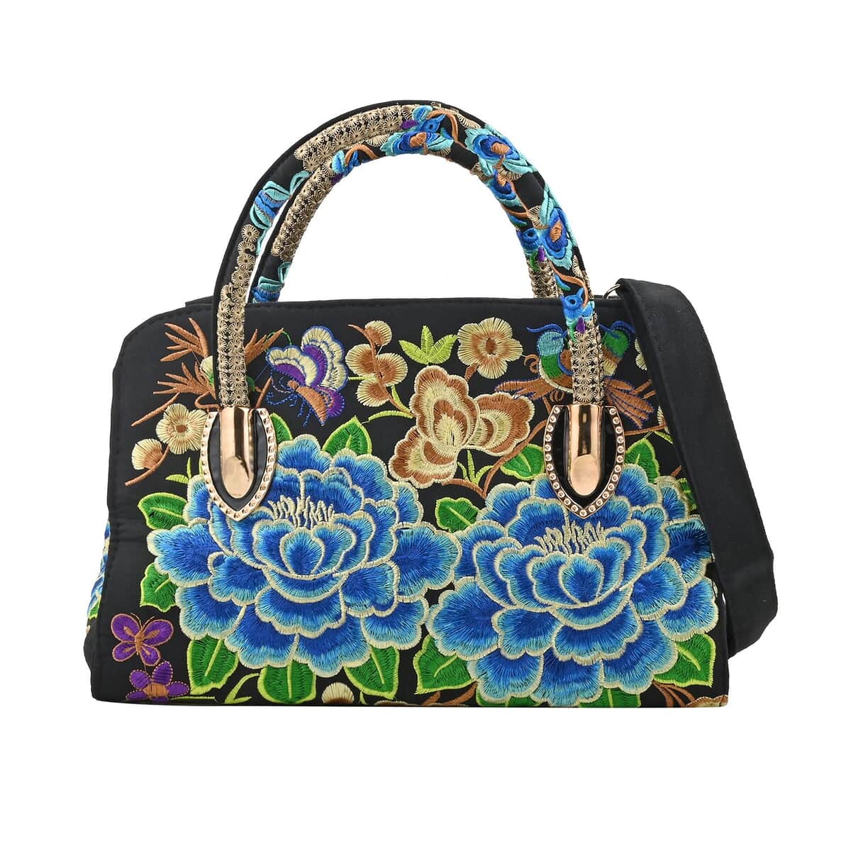 Blue Lotus Flower Embroidered Handbag with Shoulder Strap image number 0