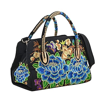 Blue Lotus Flower Embroidered Handbag with Shoulder Strap