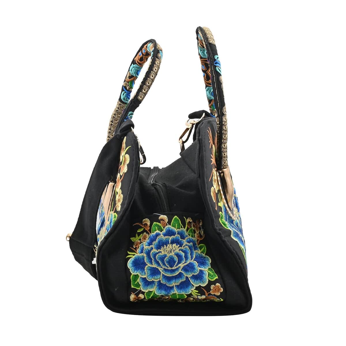 Blue Lotus Flower Embroidered Handbag with Shoulder Strap image number 2