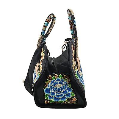 Blue Lotus Flower Embroidered Handbag with Shoulder Strap