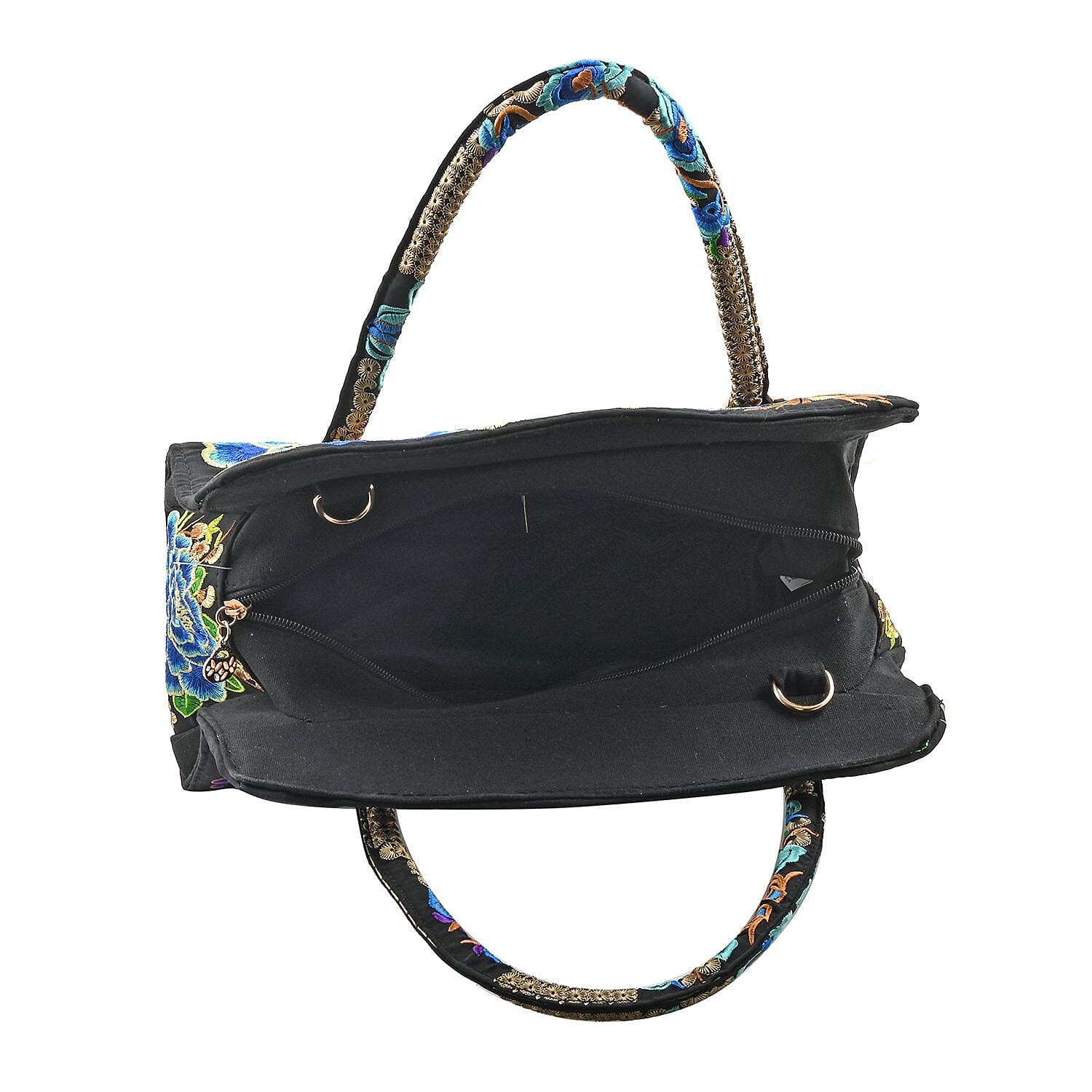 Blue Lotus Flower Embroidered Handbag with Shoulder Strap
