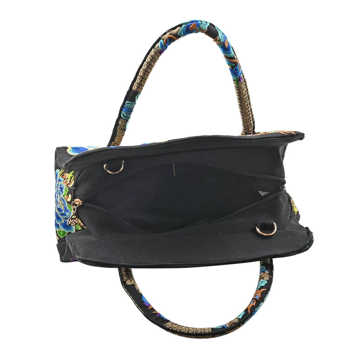 Blue Lotus Flower Embroidered Handbag with Shoulder Strap image number 3