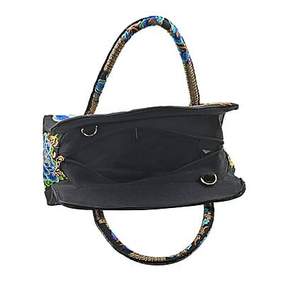 Blue Lotus Flower Embroidered Handbag with Shoulder Strap