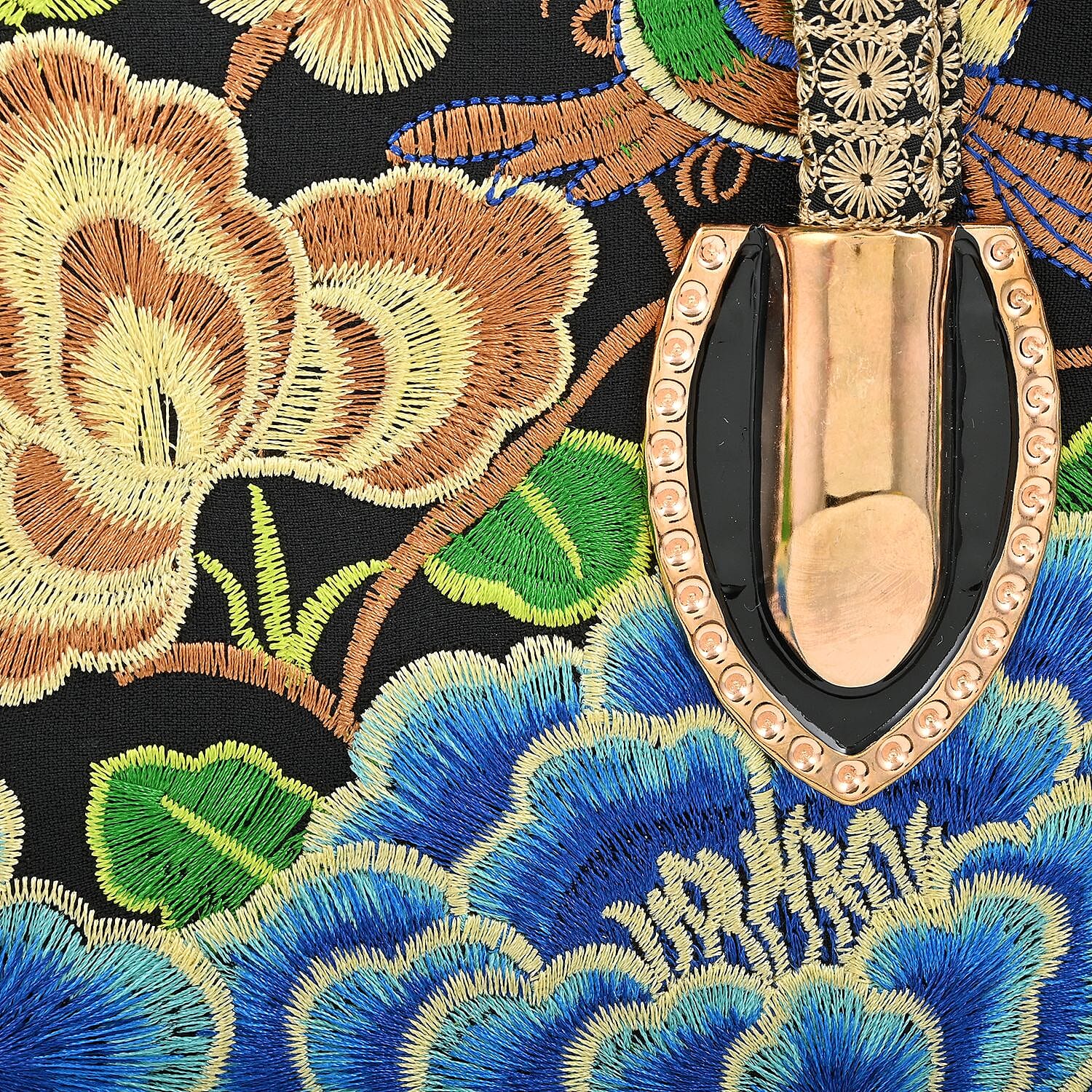 Blue Lotus Flower Embroidered Handbag with Shoulder Strap