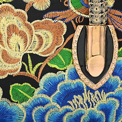 Blue Lotus Flower Embroidered Handbag with Shoulder Strap