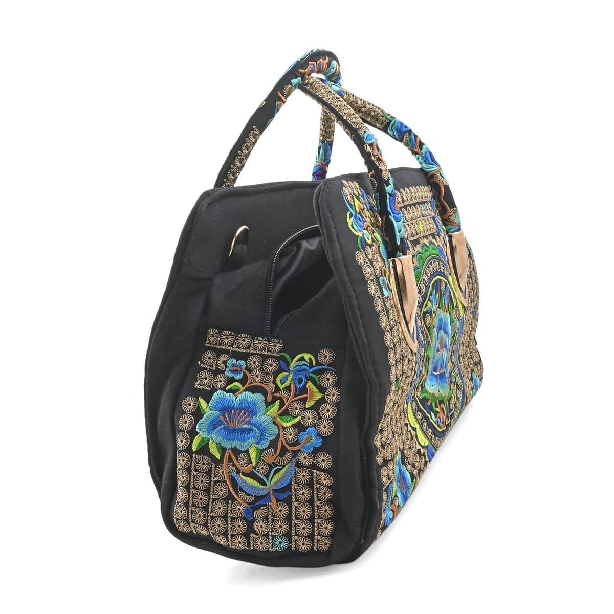 Blue & Gold Lotus Flower Embroidered Handbag with Shoulder Strap image number 1