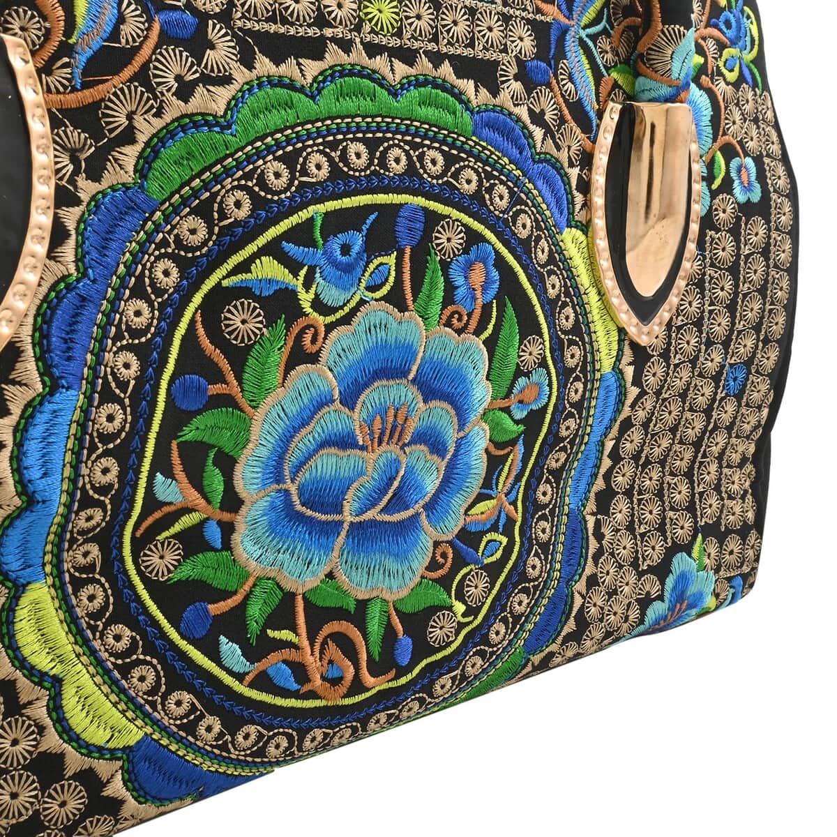 Blue & Gold Lotus Flower Embroidered Handbag with Shoulder Strap image number 3