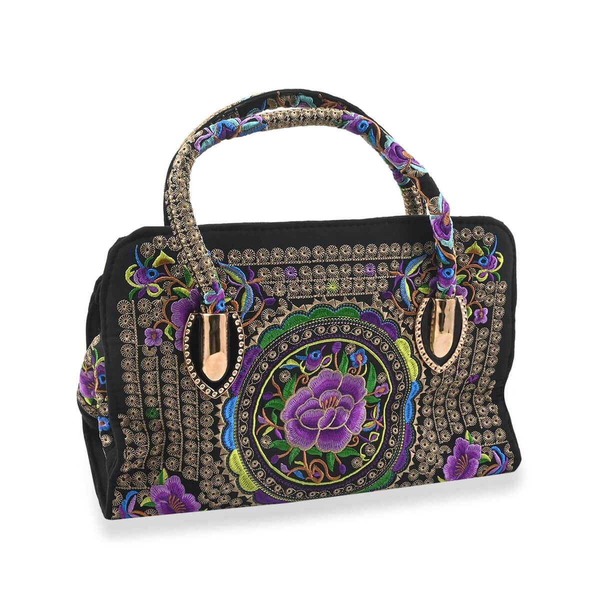 Purple & Gold Lotus Flower Embroidered Handbag with Shoulder Strap image number 0