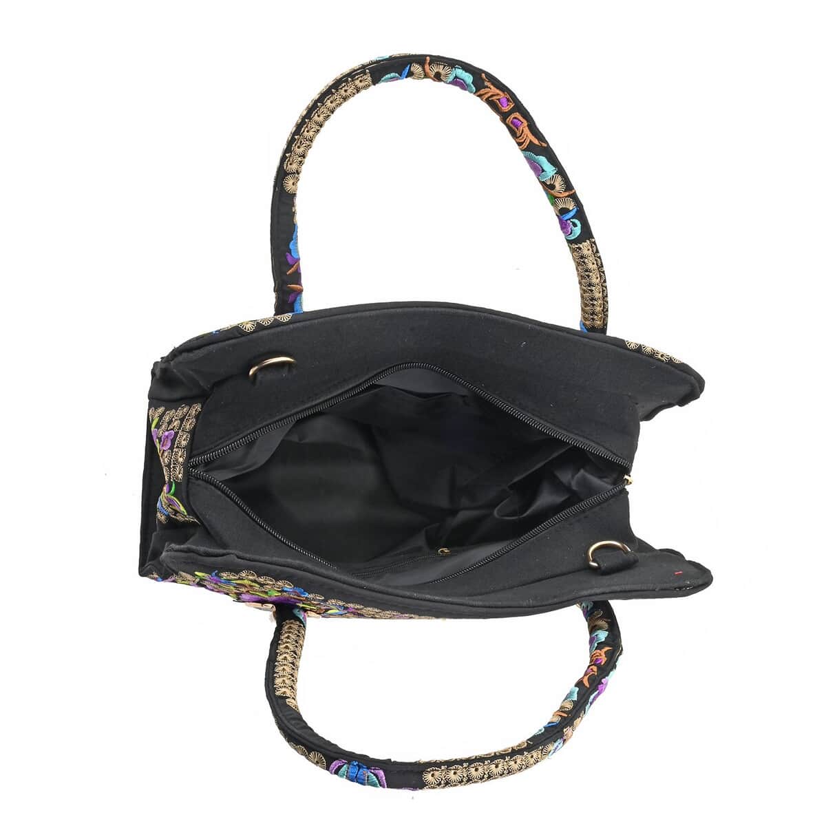 Purple & Gold Lotus Flower Embroidered Handbag with Shoulder Strap image number 1
