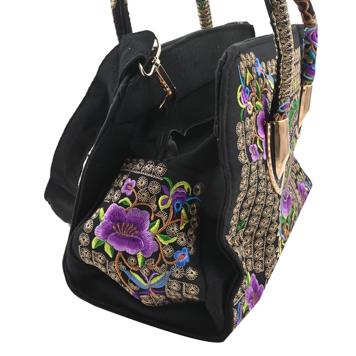 Purple & Gold Lotus Flower Embroidered Handbag with Shoulder Strap image number 2