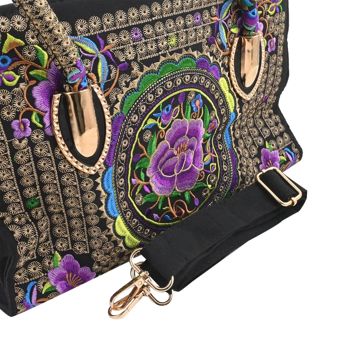 Purple & Gold Lotus Flower Embroidered Handbag with Shoulder Strap image number 3