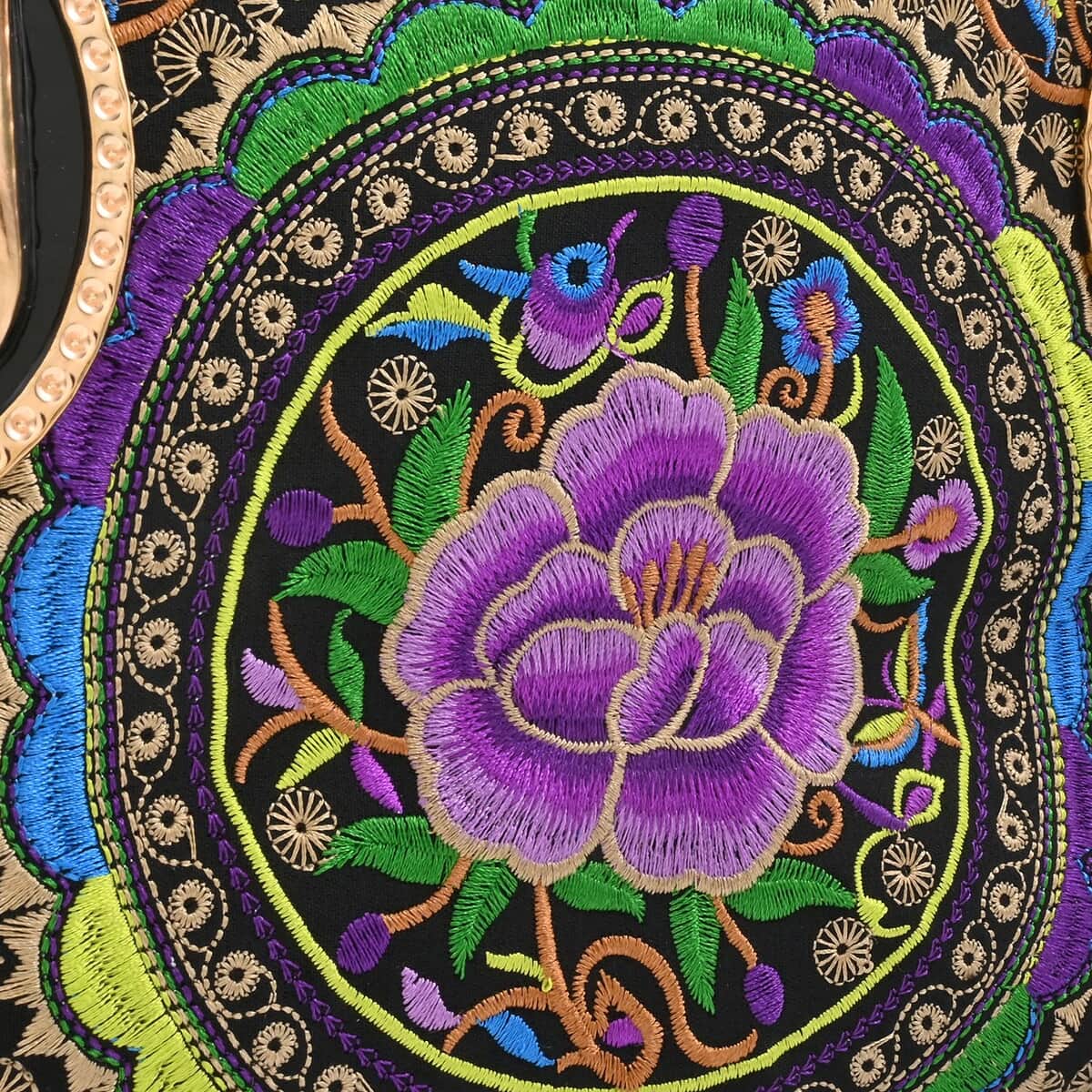 Purple & Gold Lotus Flower Embroidered Handbag with Shoulder Strap image number 5