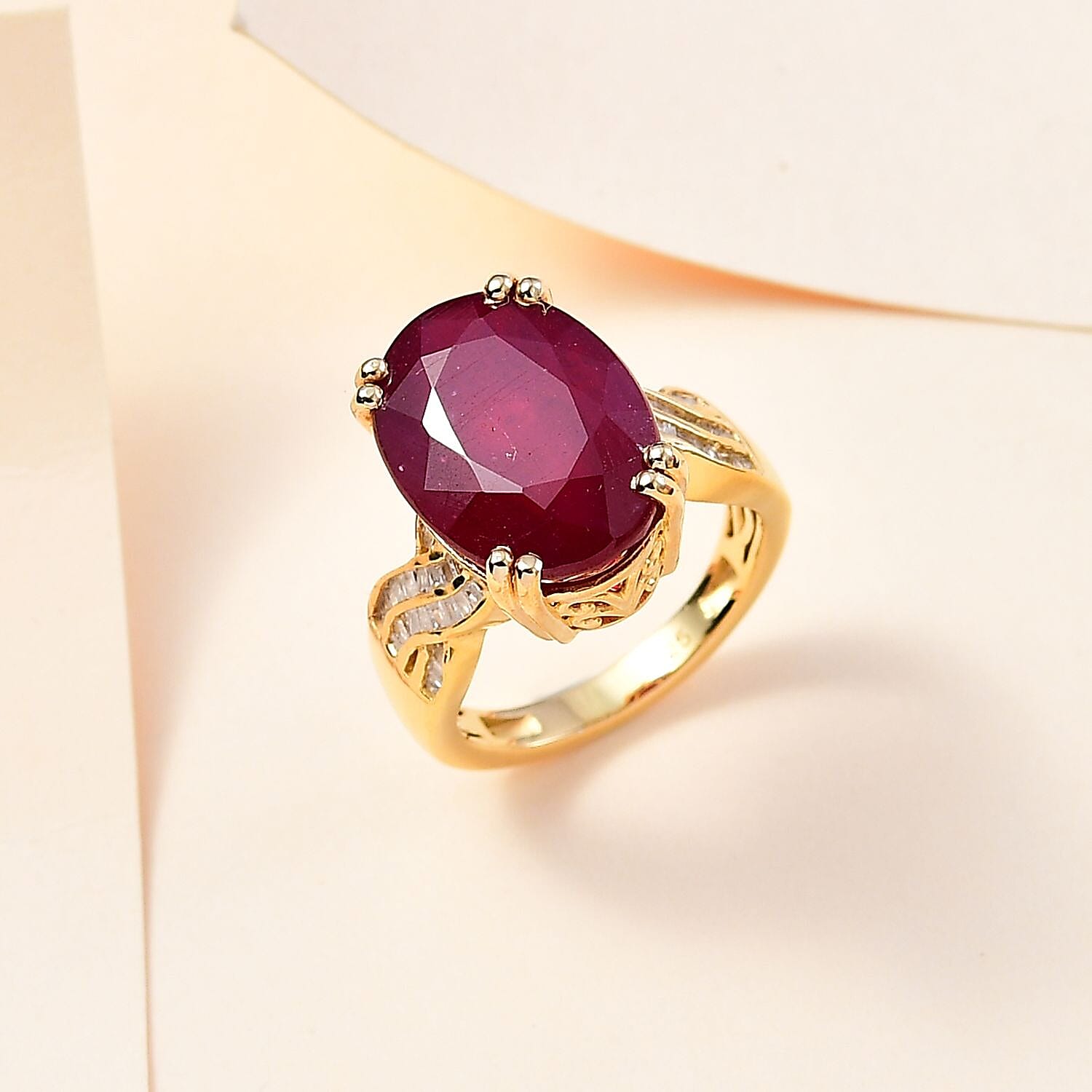 Niassa Ruby (FF) and White Diamond 14.49 ctw Ring in 14K Yellow Gold Over Sterling Silver (Size 10.0) (5.47 g)