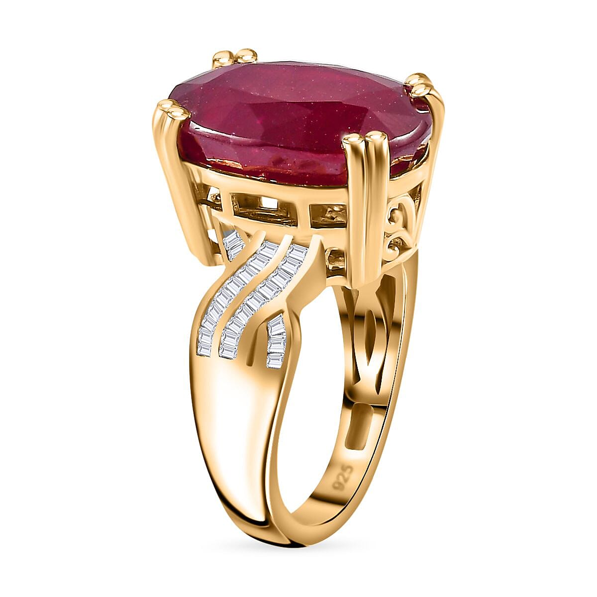 Niassa Ruby (FF) and White Diamond 14.49 ctw Ring in 14K Yellow Gold Over Sterling Silver (Size 10.0) (5.47 g)