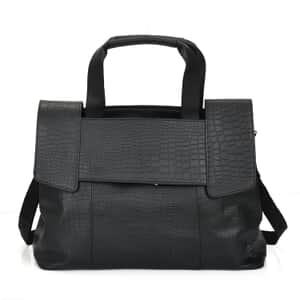 Black Genuine Leather Croco Embossed Shoulder Bag