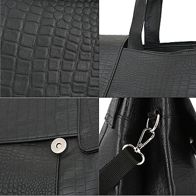 Black Genuine Leather Croco Embossed Shoulder Bag