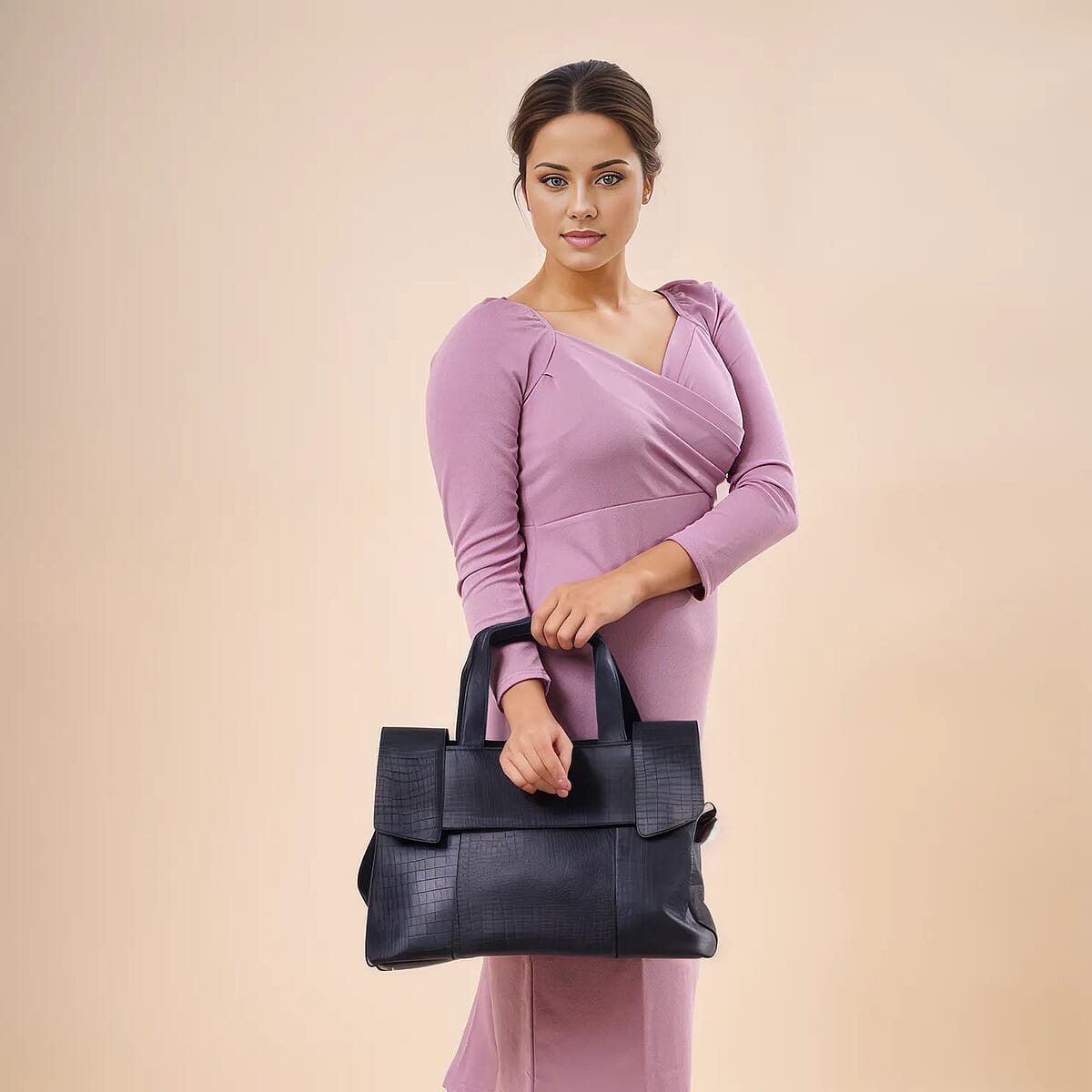 Navy Genuine Leather Croco Embossed Shoulder Bag image number 1