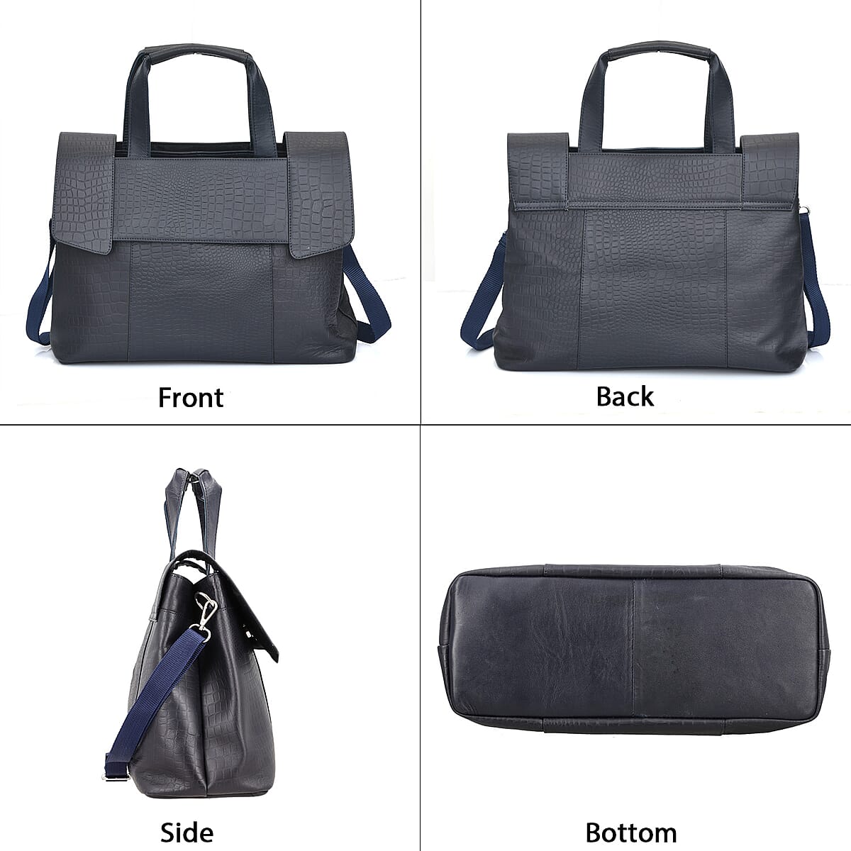 Navy Genuine Leather Croco Embossed Shoulder Bag image number 4