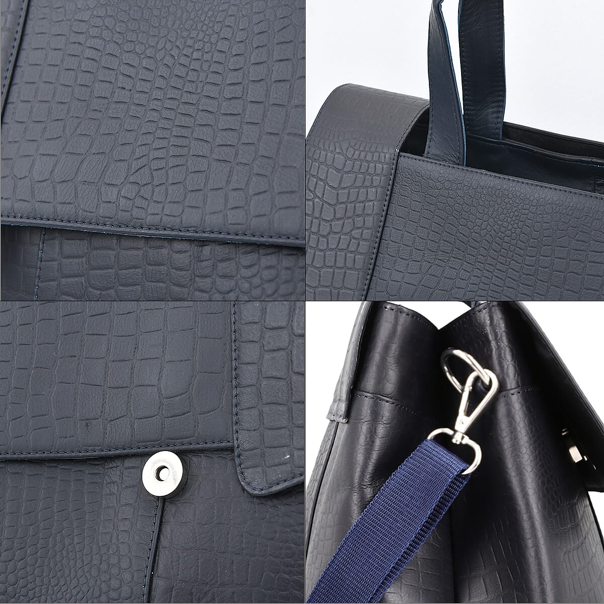 Navy Genuine Leather Croco Embossed Shoulder Bag image number 5